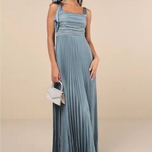 Gorgeous Purpose Slate Satin Pleated Sleeveless Bow Maxi Dress